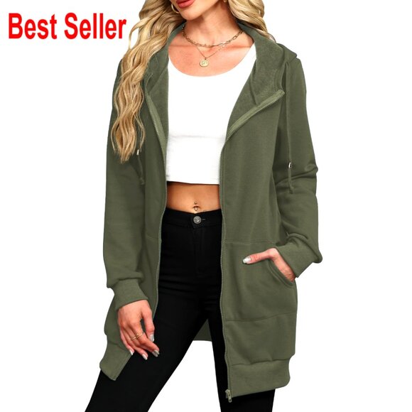 Oversized Fleece Zip Hoodie Tunic Sweatshirt with Pockets Women's L
